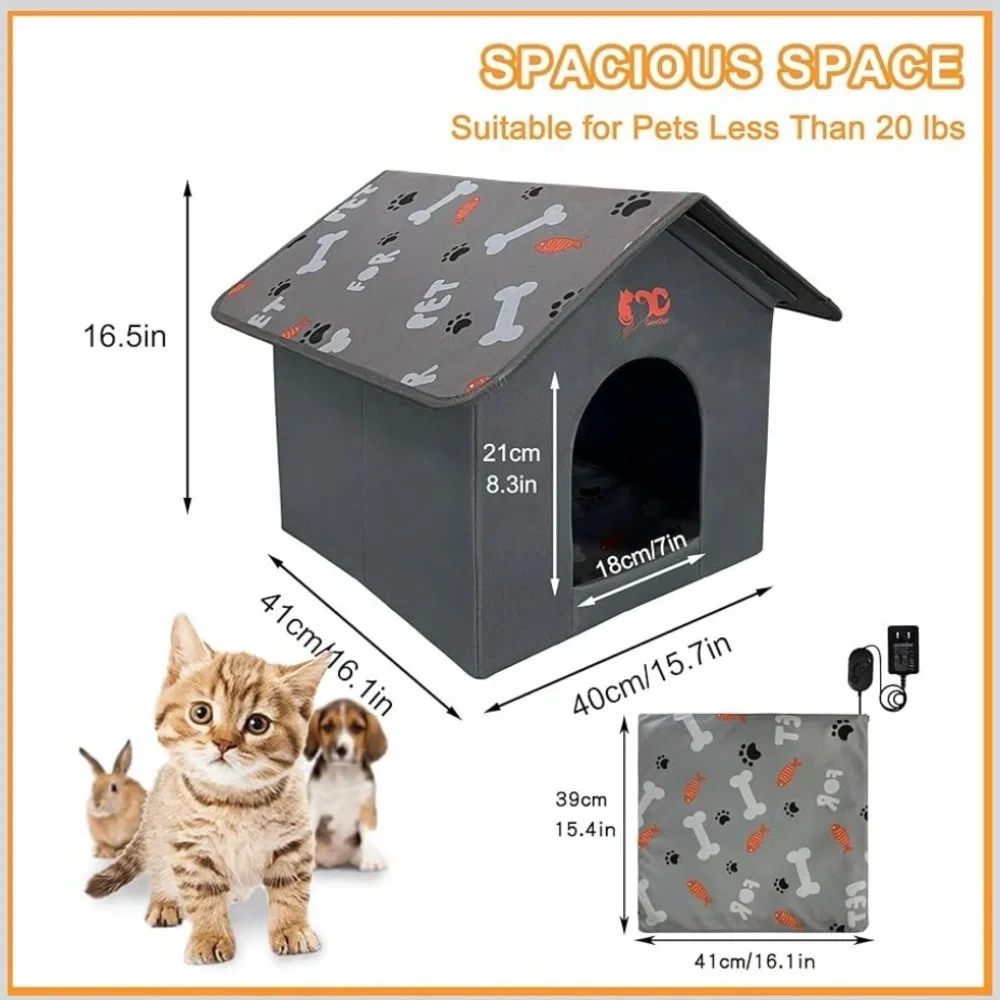 GeerDuo Heated Cat House Electric Gray Orange 16in x 16in Warm Portable Travel
